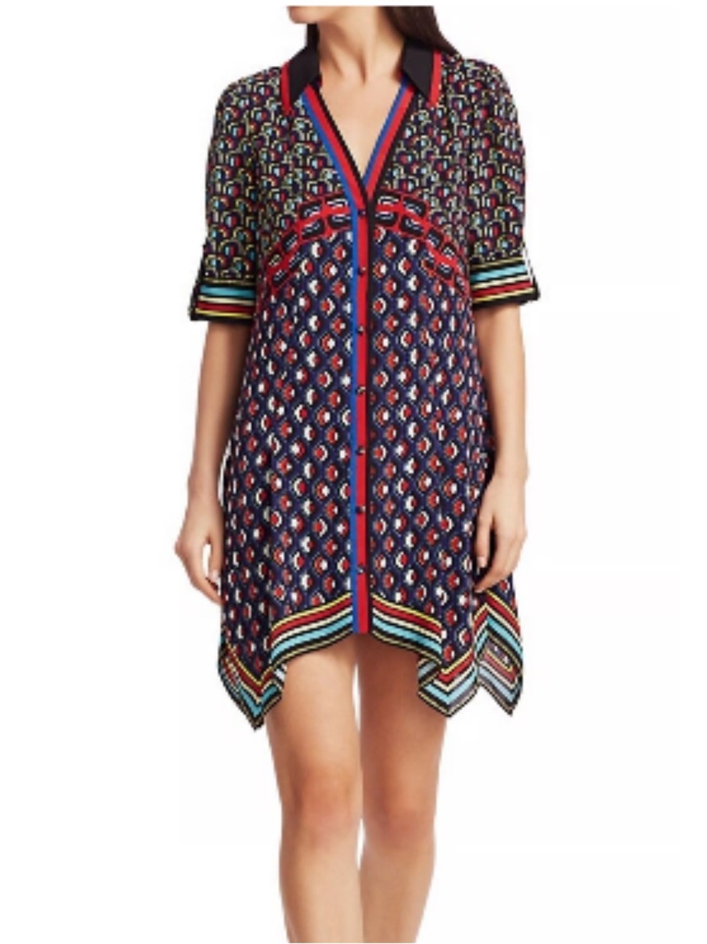 Alice + Olivia Conner Geometric Handkerchief Hem Shirt Dress Size S Multi